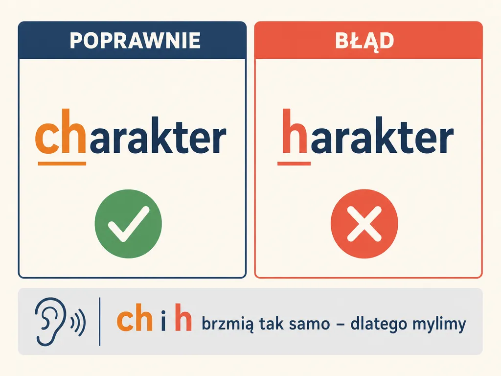 Infografika porównująca poprawną pisownię charakter przez ch z błędnym zapisem harakter przez h