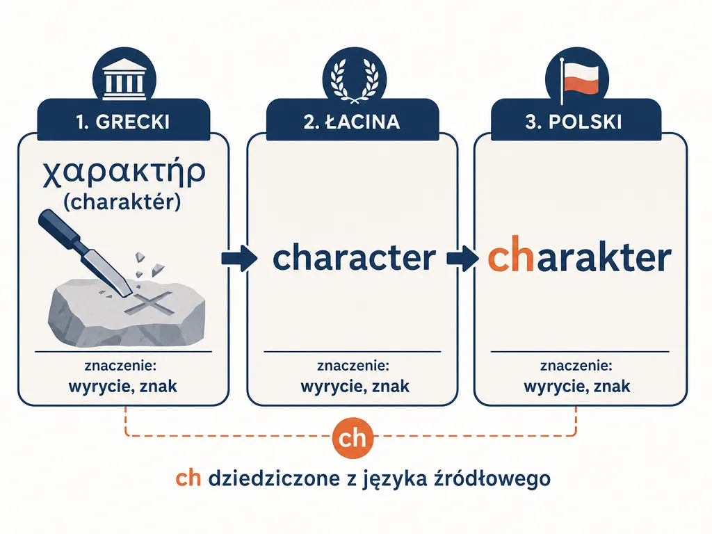 Diagram etymologii słowa charakter od greckiego charaktḗr przez łacińskie character do polskiego charakter