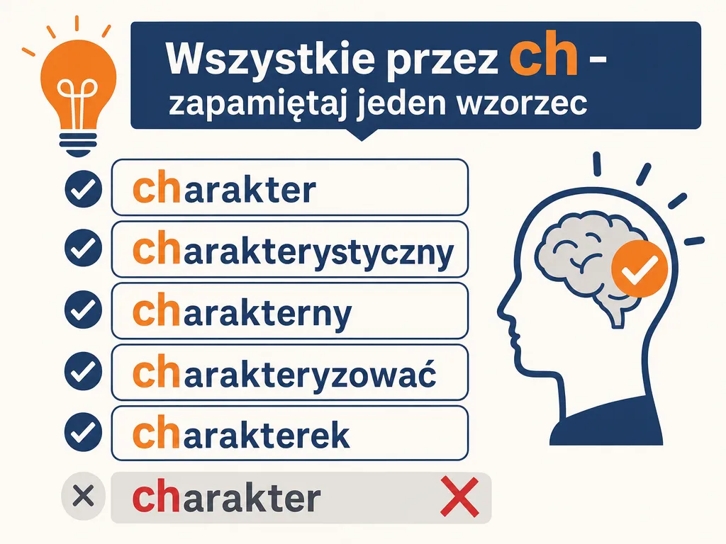 Infografika przedstawiająca rodzinę wyrazów pochodnych od charakter, wszystkie pisane przez ch