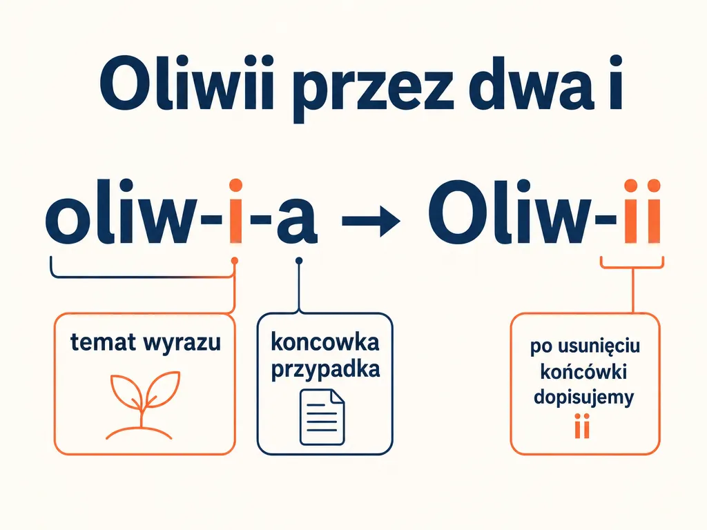 Diagram wyjaśniający, dlaczego imię Oliwia w dopełniaczu, celowniku i miejscowniku pisze się przez dwa 'i' - Oliwii
