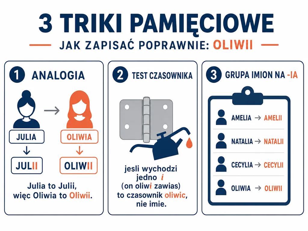 Infografika z trzema trikami na zapamiętanie pisowni Oliwii: analogia Julia/Julii, test czasownika i grupa imion na -ia
