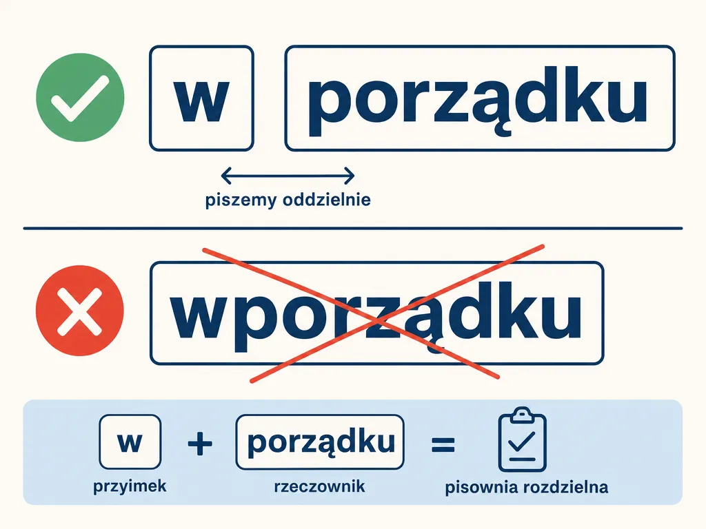 Infografika pokazująca poprawną rozdzielną pisownię 'w porządku' i błędną formę 'wporządku'