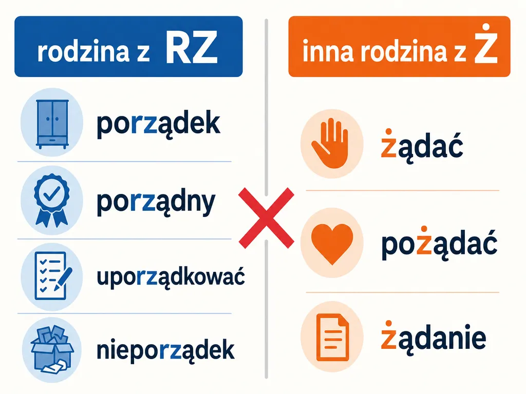 Porównanie rodziny wyrazów z 'rz' (porządek, porządny) i osobnej rodziny z 'ż' (żądać, pożądać)