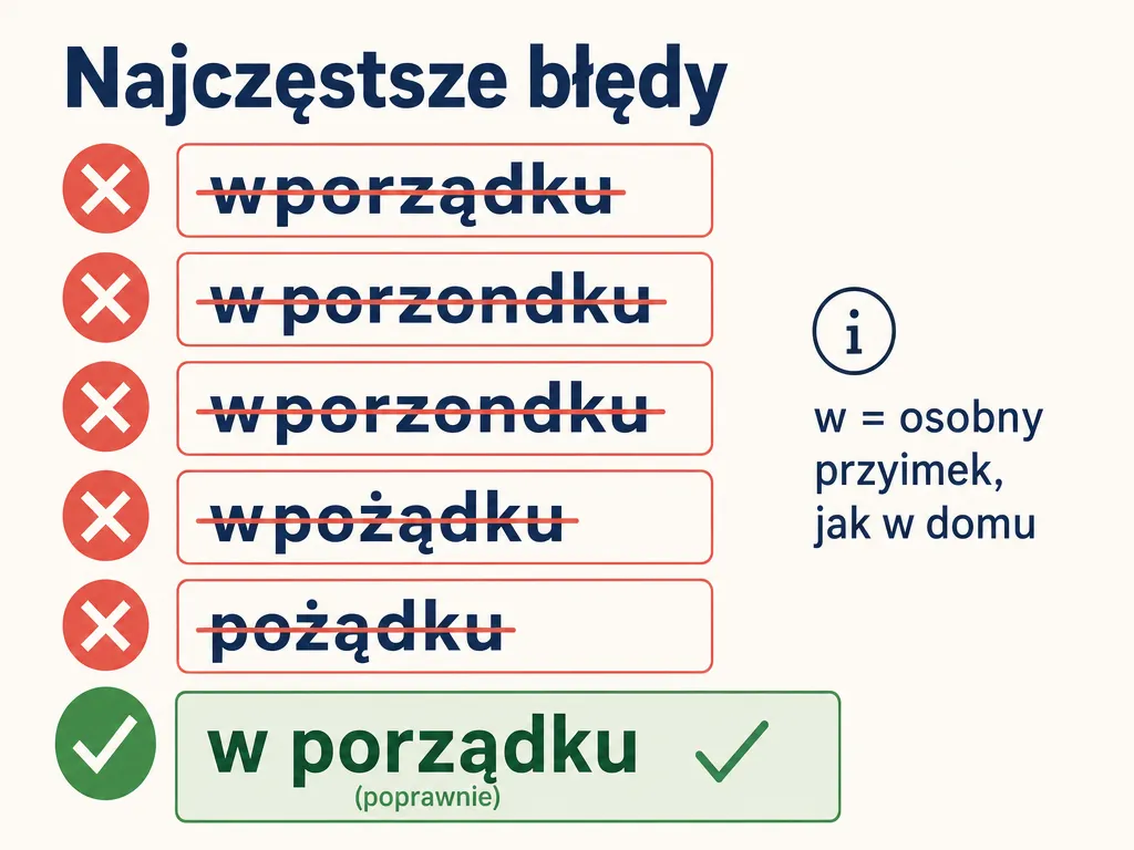 Lista najczęstszych błędnych zapisów wyrażenia w porządku z jedną poprawną formą
