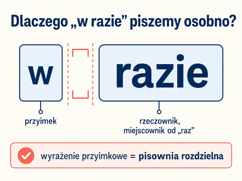 Diagram pokazujący, że wyrażenie „w razie” składa się z osobnego przyimka „w” i rzeczownika „razie” pisanych ze spacją