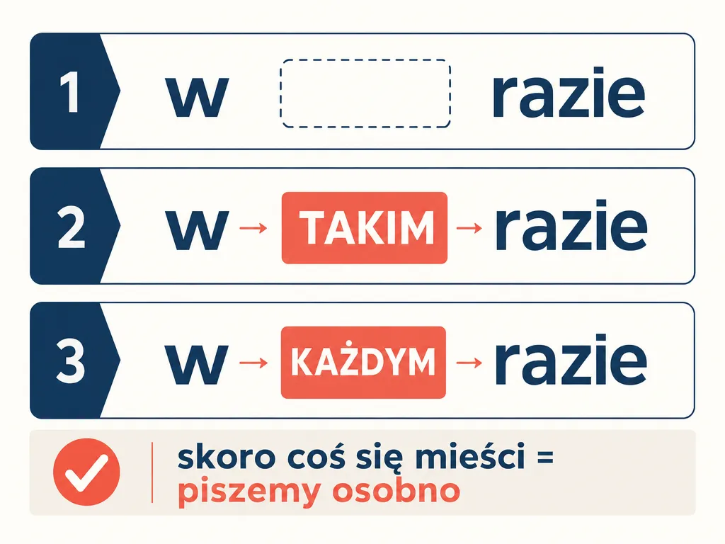 Infografika z trikiem na zapamiętanie pisowni: wstaw słowo między „w” a „razie”