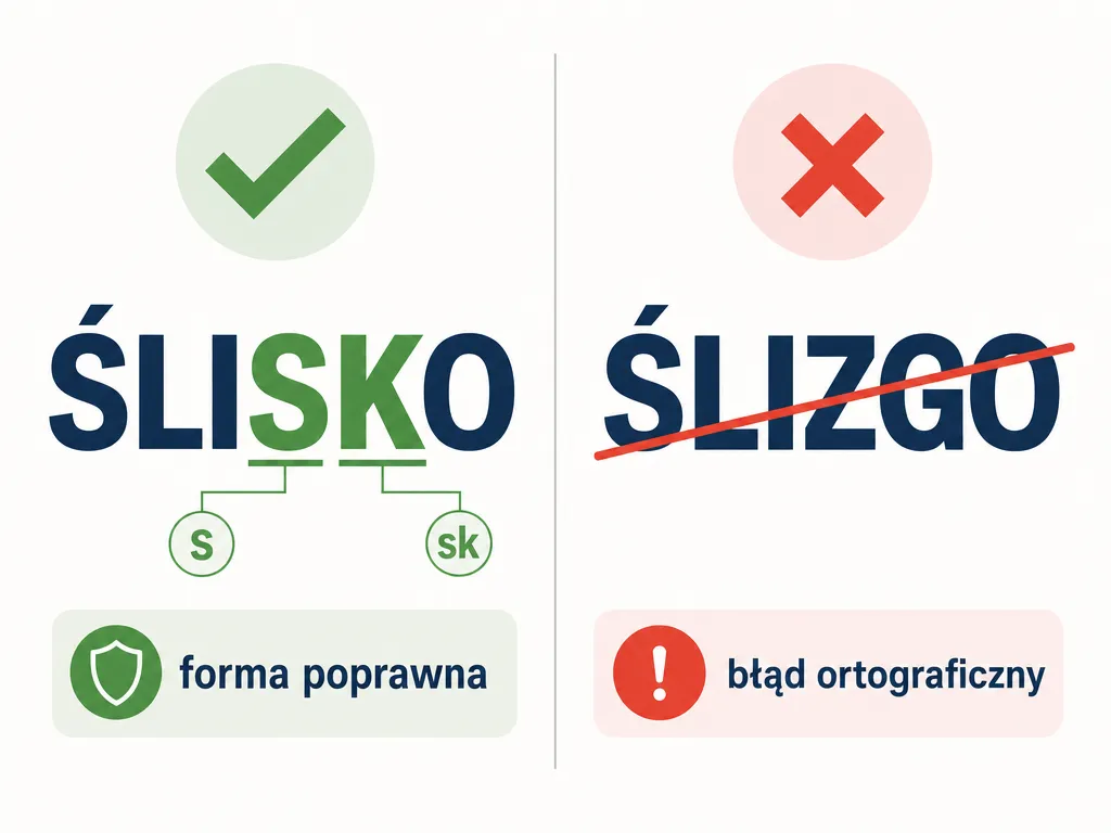 Porównanie poprawnej formy ślisko i błędnej formy ślizgo