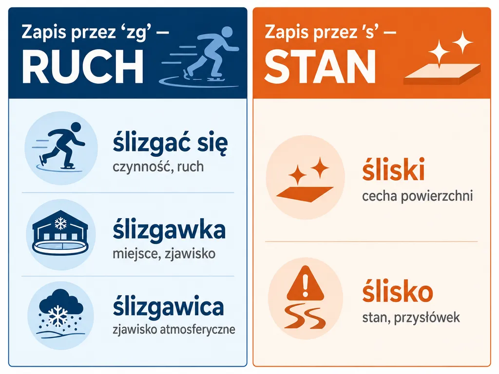 Infografika dzieląca rodzinę wyrazów na formy z zg opisujące ruch i formy z s opisujące stan powierzchni