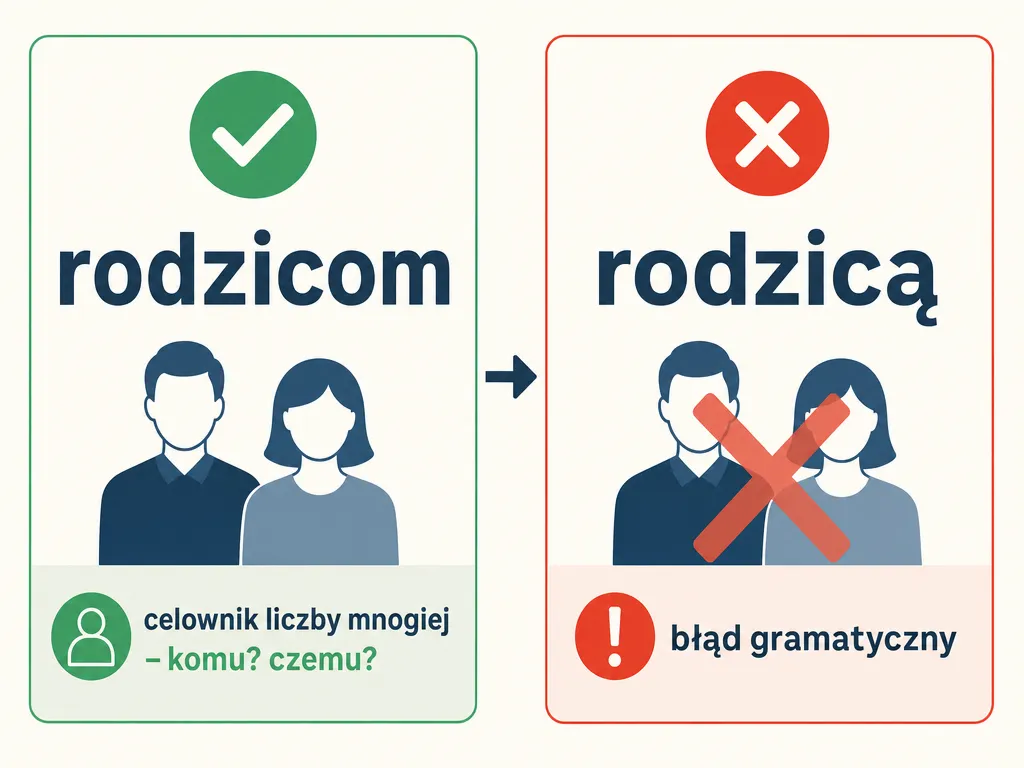 Infografika porównująca poprawną formę rodzicom z błędną formą rodzicą