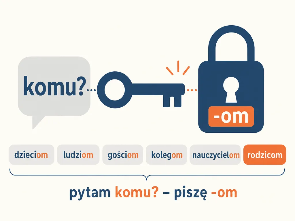 Infografika z regułą komu i końcówką -om oraz analogiami dzieciom, ludziom, gościom