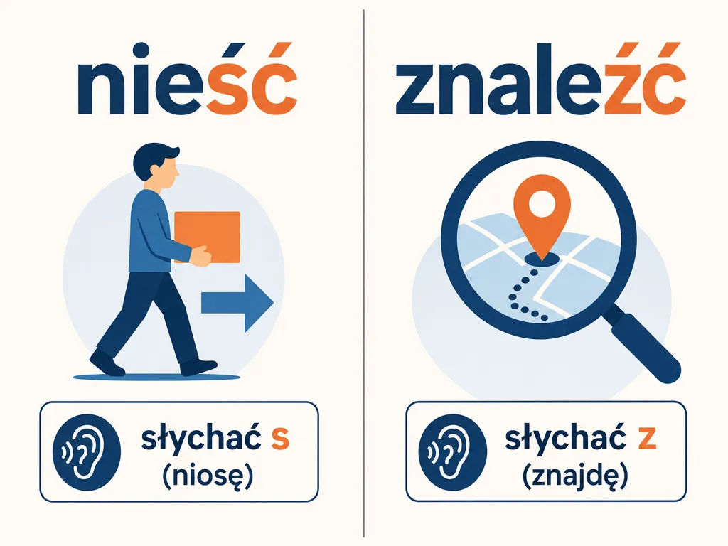 Infografika porównująca pisownię: nieść przez -ść (słychać s) i znaleźć przez -źć (słychać z)