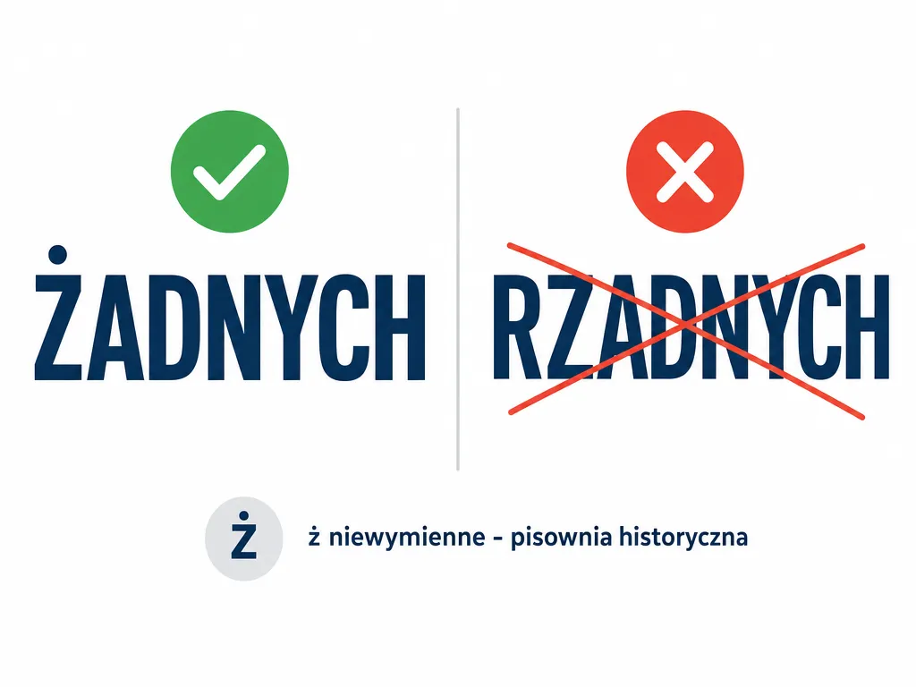 Porównanie poprawnej pisowni żadnych przez ż i błędnej formy rzadnych