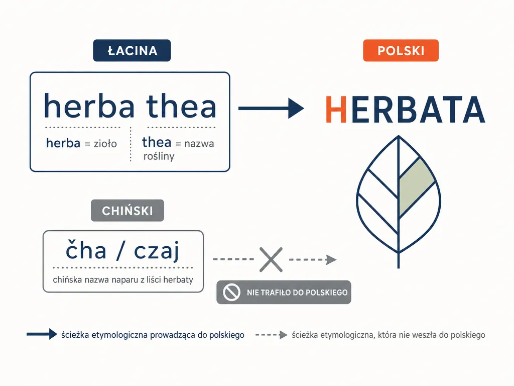 Diagram etymologii słowa herbata od łacińskiego herba thea z zaznaczoną literą h