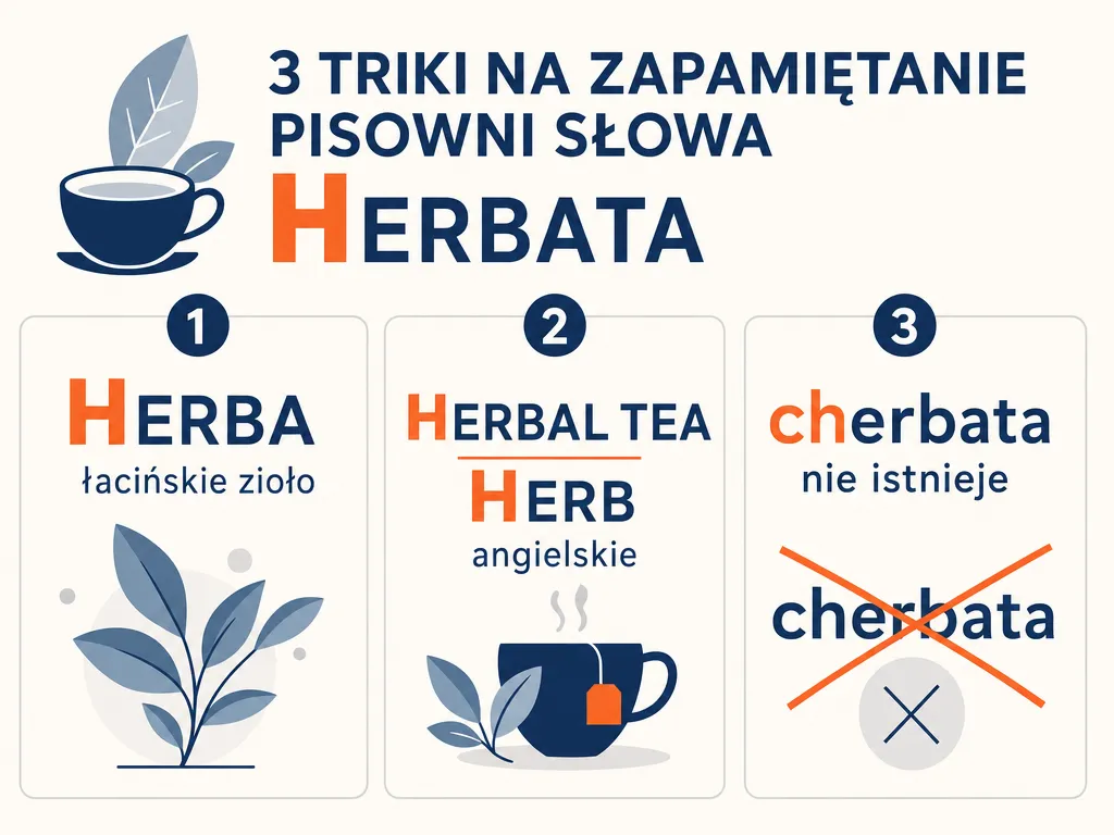 Infografika z trzema sposobami na zapamiętanie pisowni herbata przez h