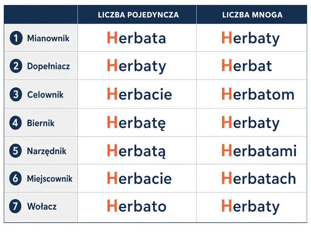 Tabela odmiany słowa herbata przez przypadki w liczbie pojedynczej i mnogiej
