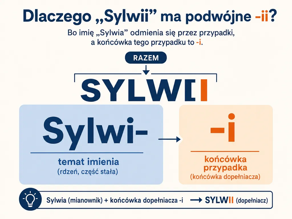 Diagram pokazujący budowę słowa Sylwii: temat imienia Sylwi- plus końcówka -i dają podwójne -ii