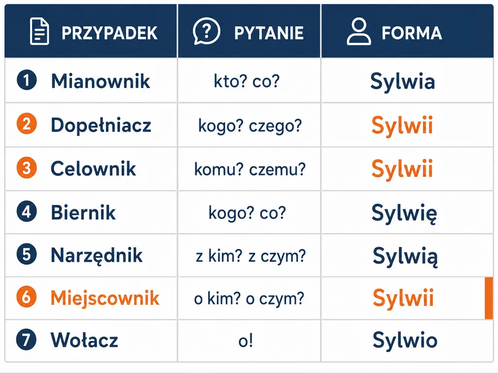 Tabela odmiany imienia Sylwia przez siedem przypadków w liczbie pojedynczej z wyróżnioną formą Sylwii