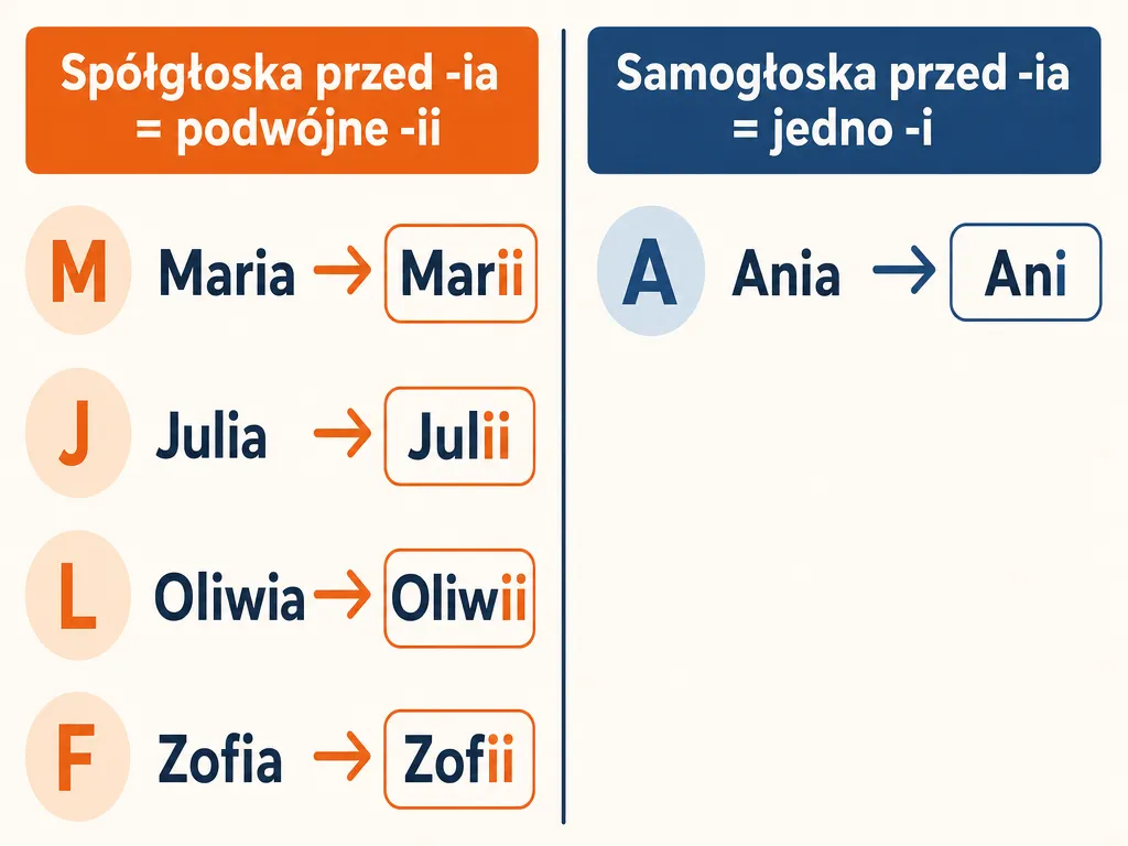 Porównanie imion z podwójnym -ii (Maria, Julia, Oliwia, Zofia) i z jednym -i (Ania) w zależności od głoski przed -ia
