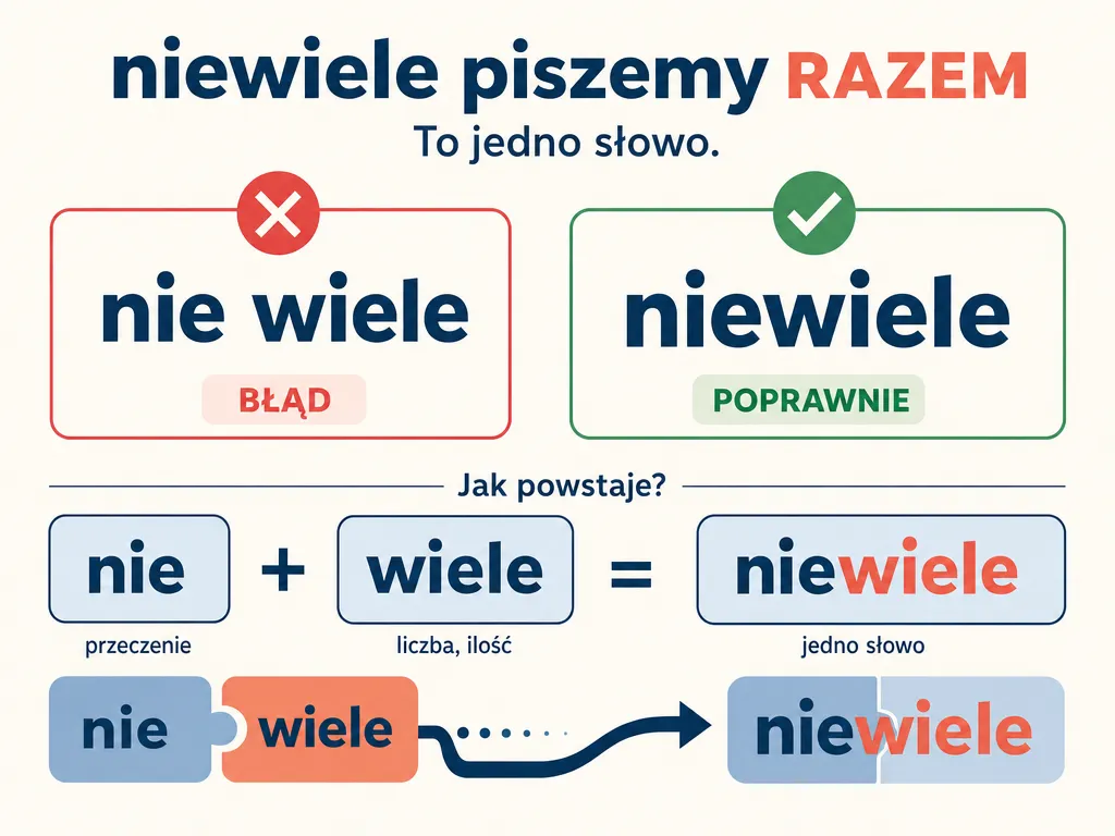 Infografika pokazująca poprawną łączną pisownię wyrazu niewiele jako zrost nie i wiele