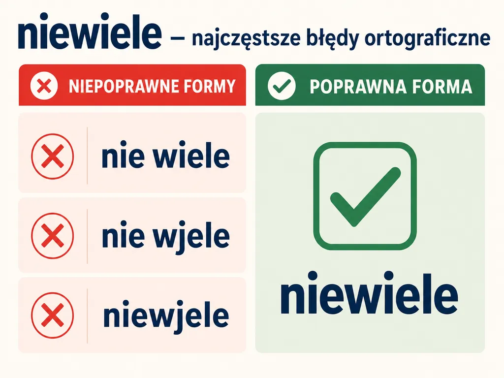 Infografika zestawiająca błędne zapisy nie wiele, nie wjele, niewjele z poprawną formą niewiele