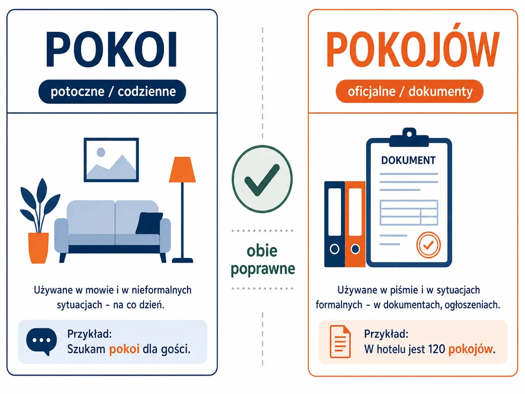 Infografika porównująca dwie poprawne formy dopełniacza: pokoi (potoczne) i pokojów (oficjalne)