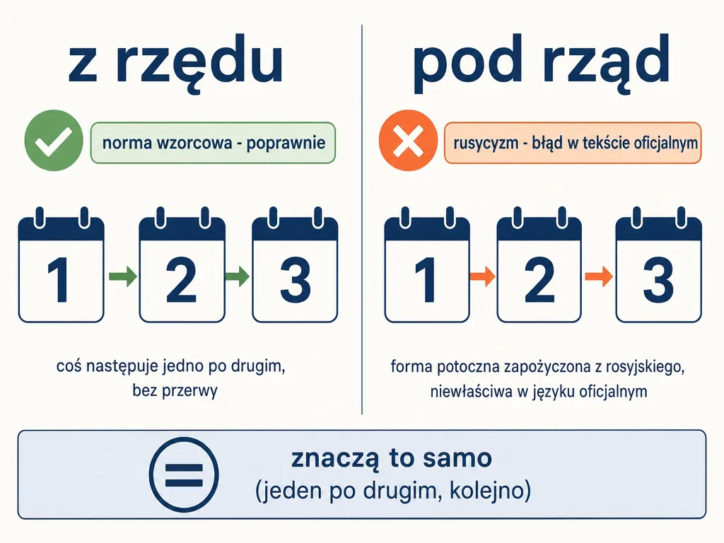 Infografika porównująca formy z rzędu (poprawnie) i pod rząd (błąd, rusycyzm)