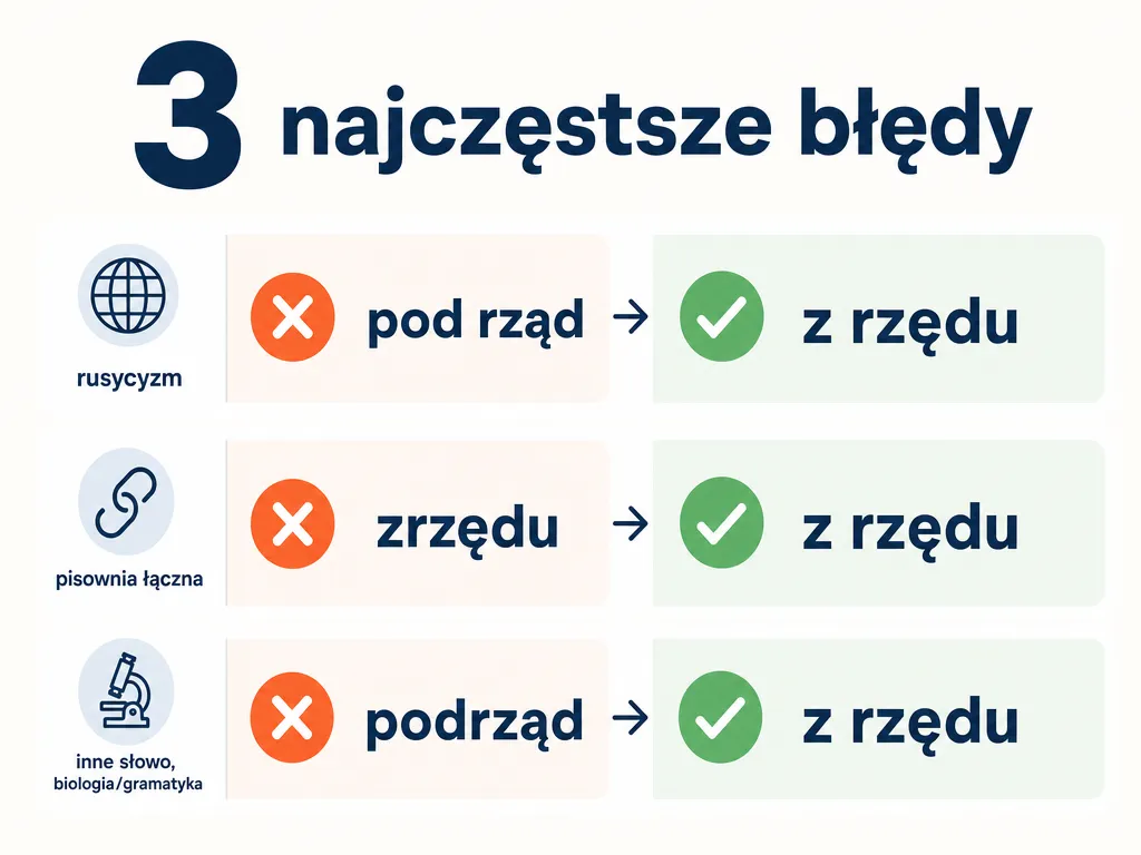 Infografika przedstawiająca trzy najczęstsze błędy: pod rząd, zrzędu i podrząd oraz ich poprawne formy