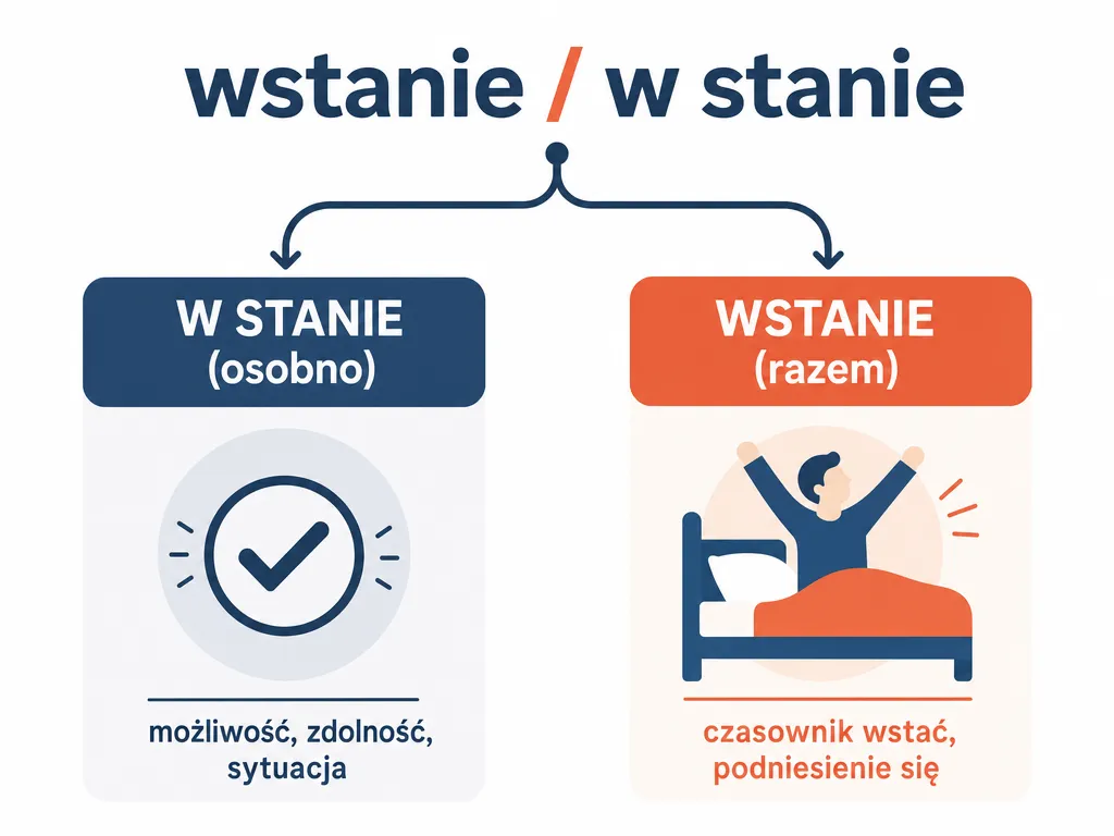 Diagram porównujący dwa znaczenia: 'w stanie' osobno jako możliwość i 'wstanie' razem jako czasownik wstać
