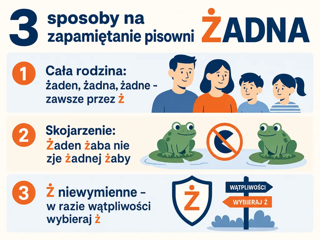 Infografika z trzema sposobami na zapamiętanie pisowni słowa żadna przez ż