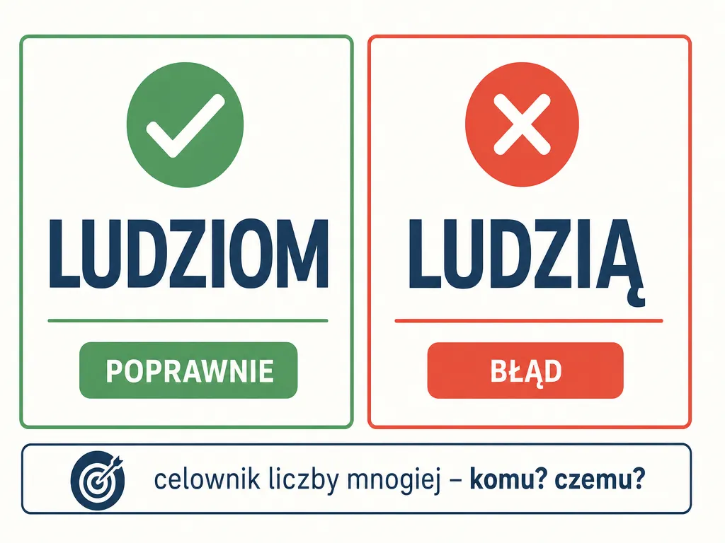 Infografika porównująca poprawną formę 'ludziom' z błędną formą 'ludzią'