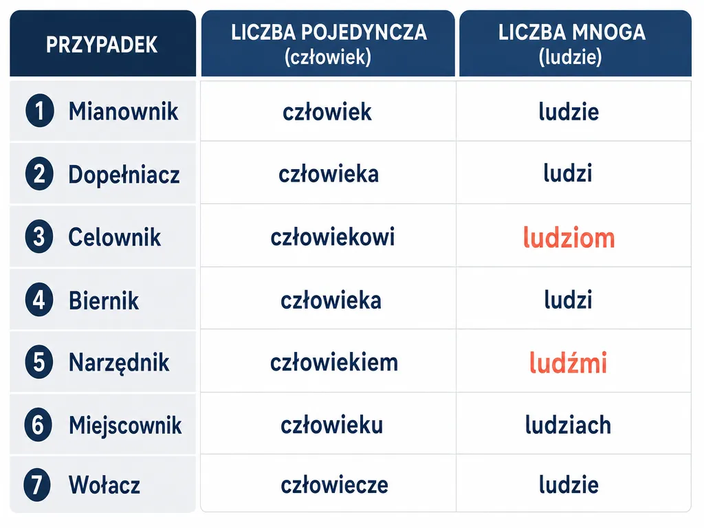 Diagram odmiany rzeczownika człowiek i ludzie przez siedem przypadków w liczbie pojedynczej i mnogiej