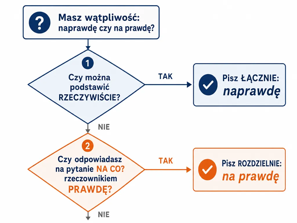 Diagram decyzyjny pokazujący, kiedy pisać naprawdę łącznie, a kiedy na prawdę rozdzielnie