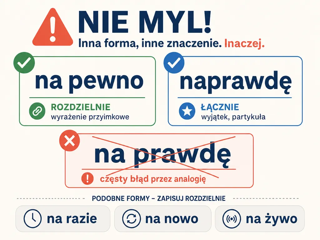 Ilustracja pokazująca częsty błąd pisania na prawdę przez fałszywą analogię do na pewno