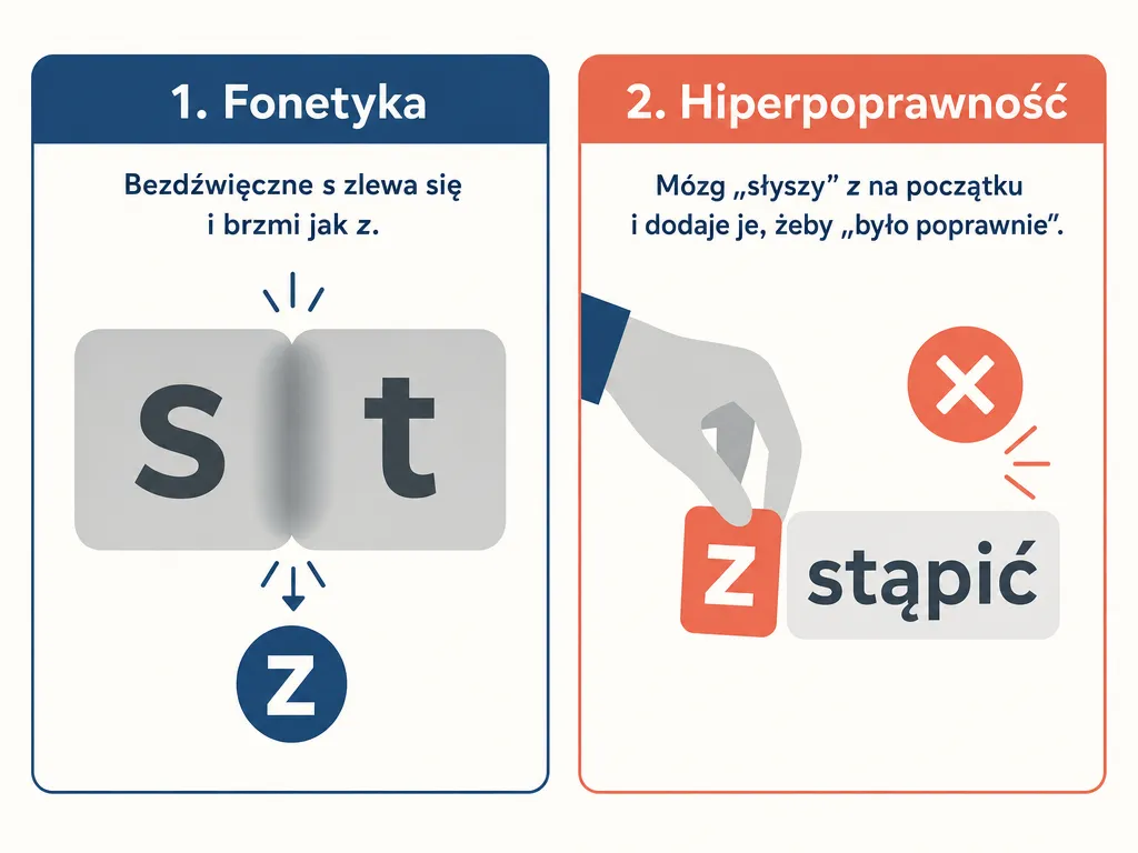 Diagram wyjaśniający fonetyczne i hiperpoprawnościowe przyczyny błędnego zapisu z tamtąd
