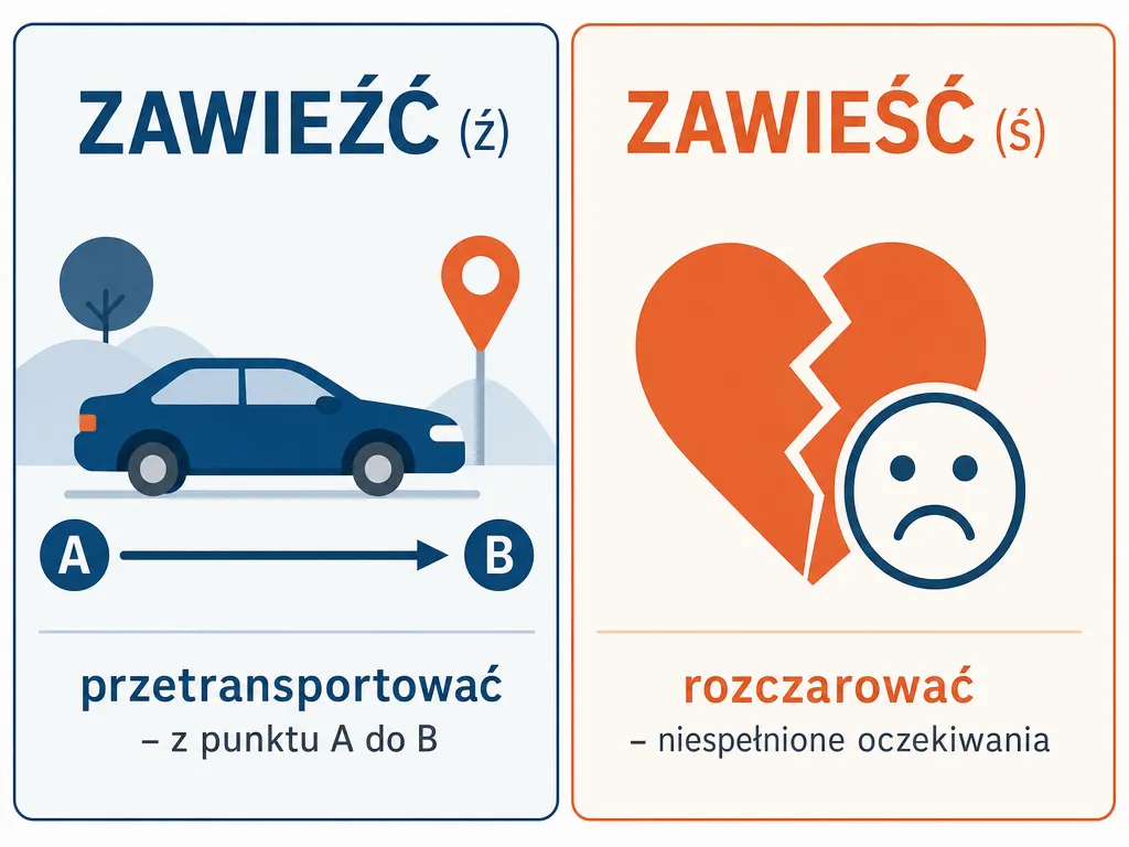 Infografika porównująca znaczenie czasowników zawieźć (transport) i zawieść (rozczarowanie)