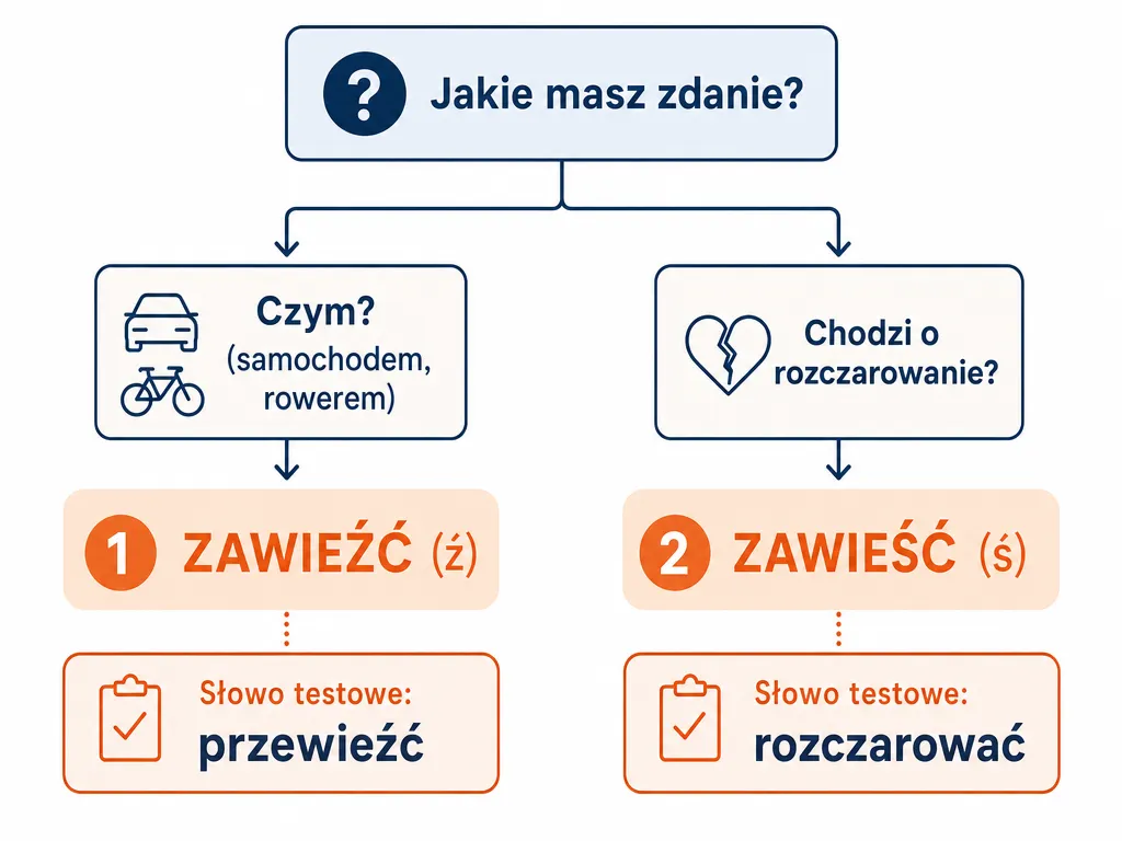 Diagram decyzyjny pomagający wybrać między zawieźć a zawieść za pomocą testu podstawienia