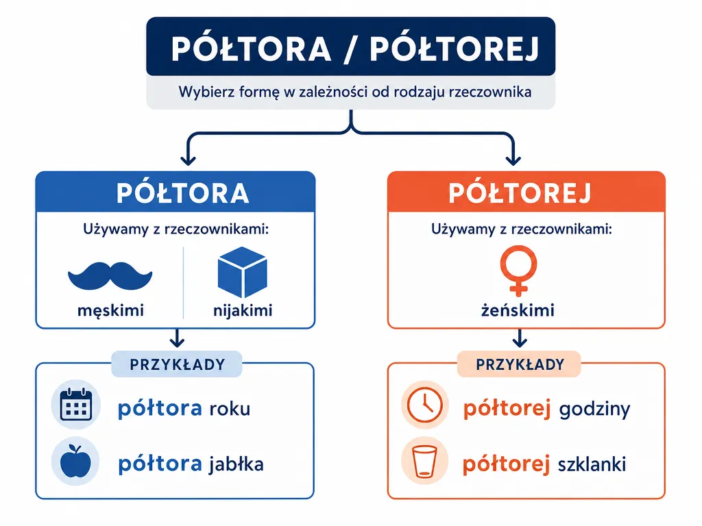 Diagram decyzyjny pokazujący, kiedy używać formy półtora (rzeczowniki męskie i nijakie), a kiedy półtorej (żeńskie)