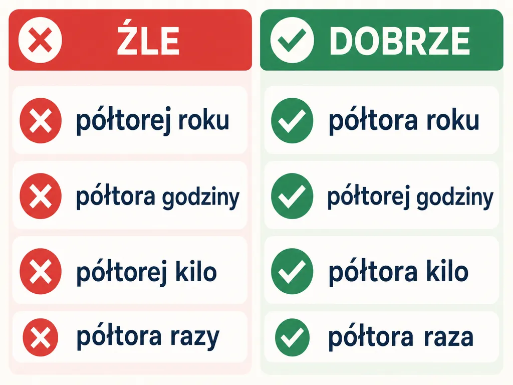 Infografika zestawiająca błędne i poprawne formy: półtorej roku kontra półtora roku, półtora godziny kontra półtorej godziny