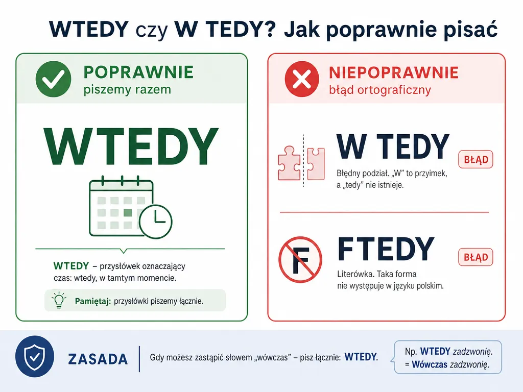 Infografika porównująca poprawną formę „wtedy” z błędnymi zapisami „w tedy” i „ftedy”