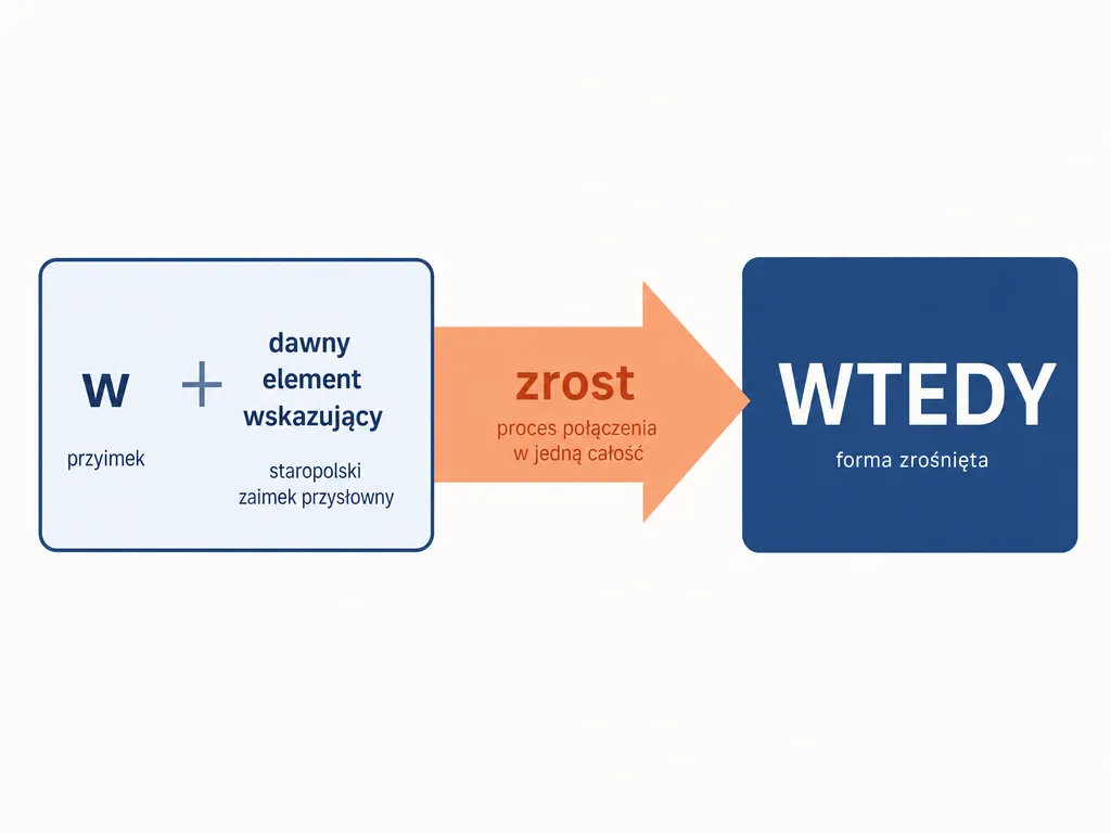 Diagram pokazujący powstanie słowa „wtedy” w wyniku zrostu przyimka i dawnego elementu wskazującego