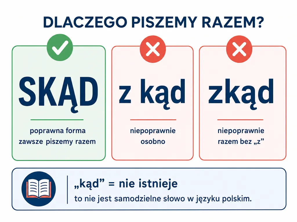Infografika pokazująca poprawną formę „skąd" oraz błędne zapisy „z kąd" i „zkąd"