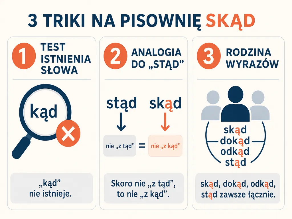 Infografika z trzema trikami pamięciowymi pomagającymi zapamiętać pisownię wyrazu skąd