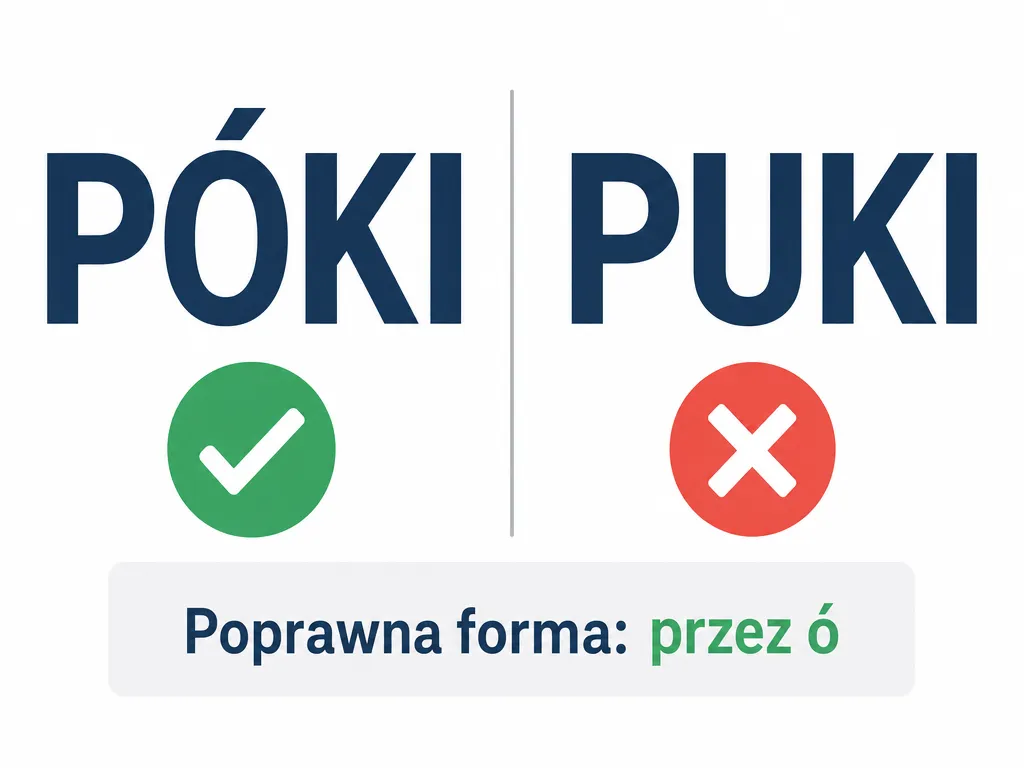 Infografika pokazująca poprawną formę 'póki' przez ó i błędną 'puki'