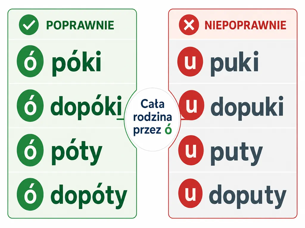 Infografika porównująca poprawne formy póki, dopóki, póty, dopóty z błędnymi zapisami przez u