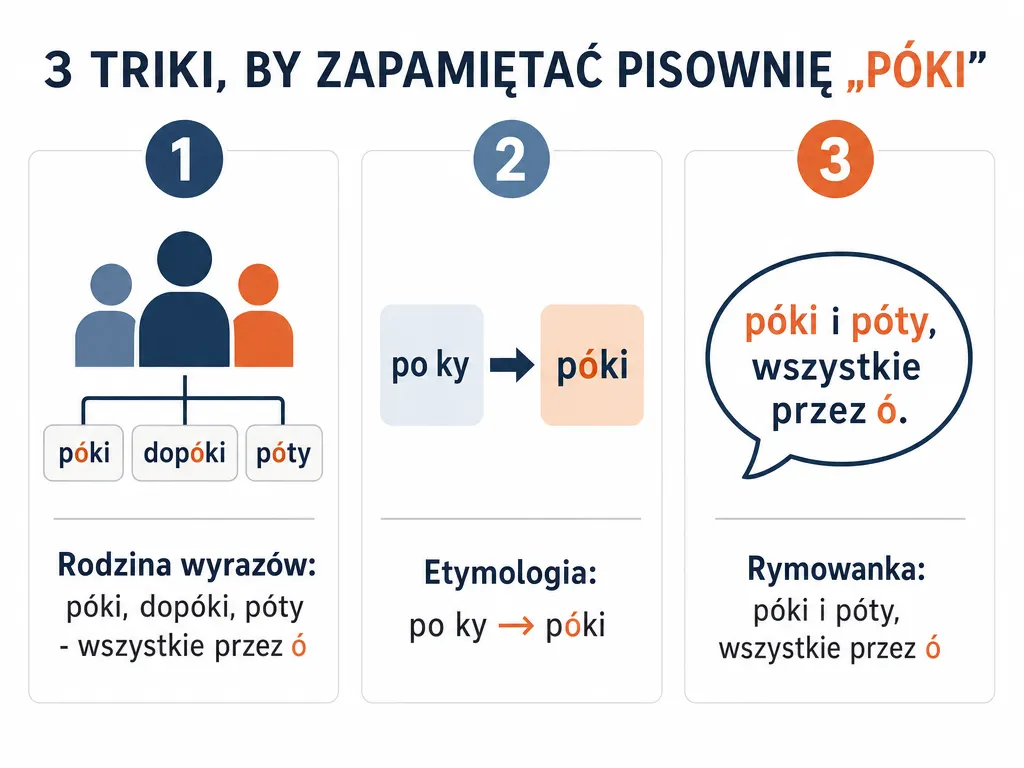 Infografika z trzema sposobami na zapamiętanie pisowni póki przez ó