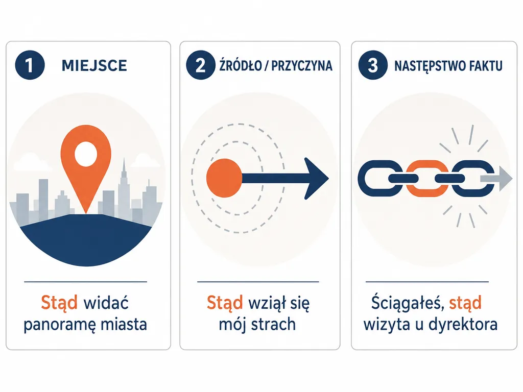 Diagram trzech znaczeń zaimka „stąd”: miejsce, źródło i następstwo faktu