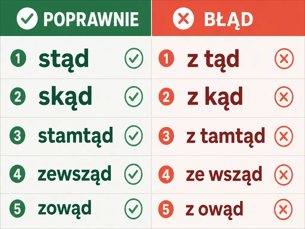 Infografika porównująca poprawną łączną pisownię zrostów: stąd, skąd, stamtąd, zewsząd, zowąd z błędnymi formami rozdzielnymi