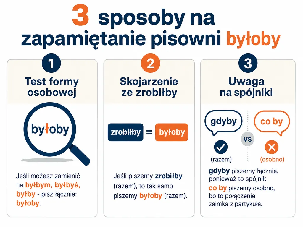 Infografika z trzema sposobami na zapamiętanie pisowni wyrazu byłoby