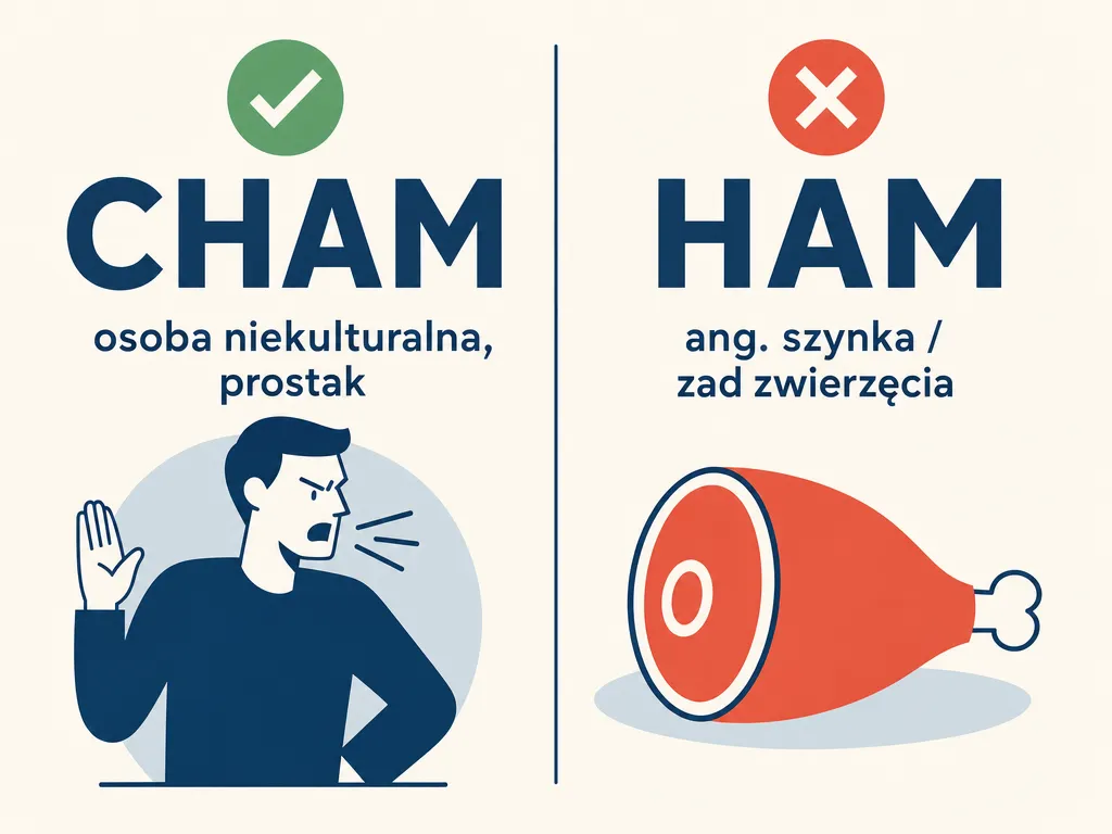 Infografika porównująca poprawną formę cham przez ch z błędną formą ham oznaczającą po angielsku szynkę