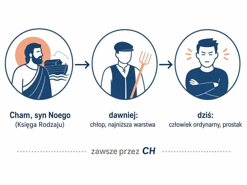 Diagram ewolucji znaczenia słowa cham od imienia biblijnego Chama przez chłopa do współczesnego prostaka